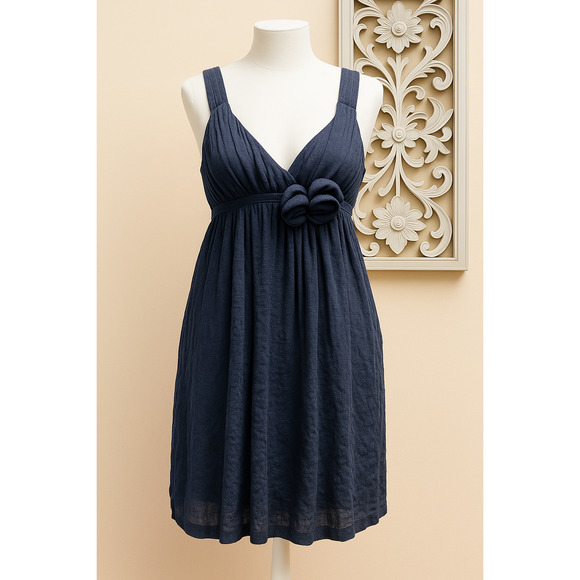 Frisky S Navy Sleeveless Mini Dress Empire Waist Rosette Boho Cottagecore Y2K - Picture 1 of 12